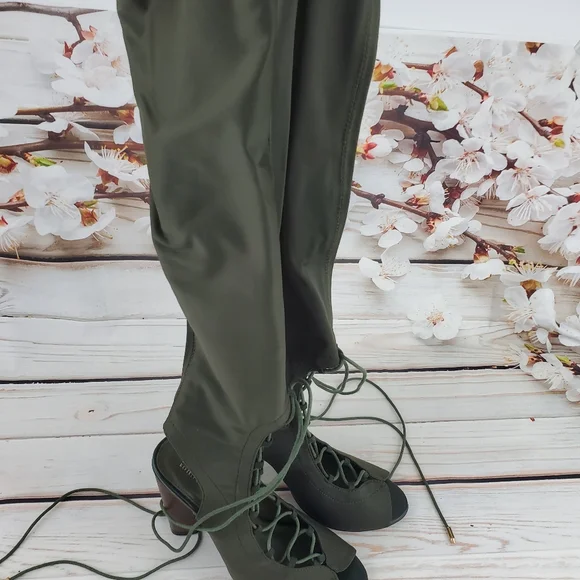 Olive green open toe lace up thigh high boots - Picture 2 of 5